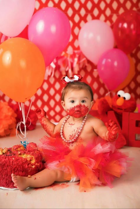 Elmo First birthday Smash Cake session Elmo Smash Cake Photoshoot, Elmo First Birthday Photoshoot, Girly Elmo Birthday Party, Elmo Party Decorations, Elmo Smash Cake, Elmo First Birthday, Elmo Birthday Cake, Pro Photography, 1st Birthday Party For Girls