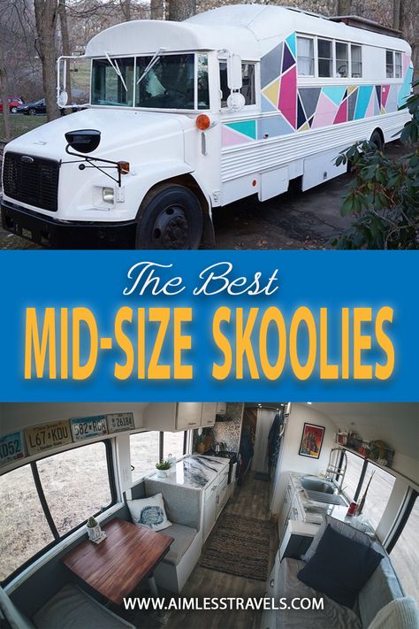 Best mid-size skoolie conversions for your inspiration! Medium buses fall between 25ft-35ft, making them the perfect size! Mid Size Skoolie Floor Plan, Medium Bus Conversion, Bus Renovation, Pre Built Cabins, Skoolie Conversion, School Bus Tiny House, School Bus House, Bus Ideas, Bus Conversions