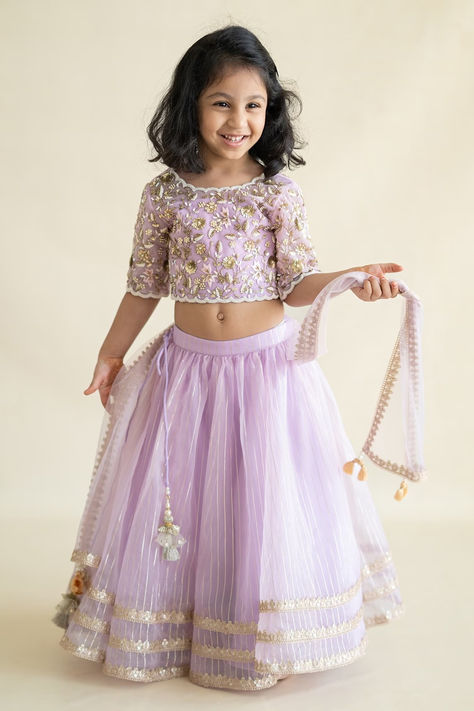 Purple zari work and embroidered blouse kids lehenga set Traditional Baby Dresses, Lavender Lehenga, Lehenga For Girls, Kids Party Wear Dresses, Purple Tulle, Kids Dress Collection, Wedding Dresses For Kids, Work Lehenga, Kids Lehenga