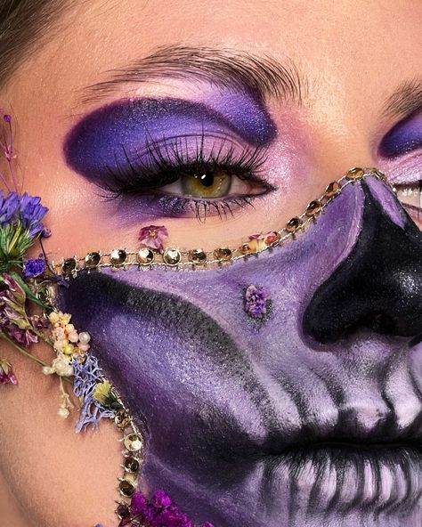 halloween. halloween makeup.  Halloween. skull. skull makeup. purple. purple makeup Purple Day Of The Dead Makeup, Glam Skull, Day Of The Dead Makeup, Makeup Purple, Dead Makeup, Purple Skull, Purple Day, Purple Makeup, Skull Makeup