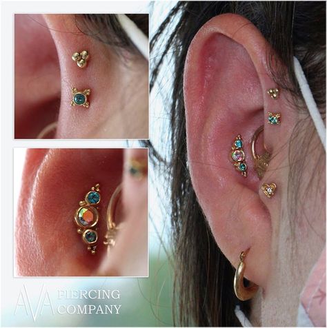 Trinity’s Instagram post: “Fresh double forward helix and conch piercing with this stunning BVLA “Panaraya” and “Mini Kandy” with a cute little tri bead accent 😍…” Forward Helix And Conch Piercing, Double Conch Piercing, Helix And Conch Piercing, Ear Curation, Earring Stack, Forward Helix, Conch Piercing, Kandy, Body Mods