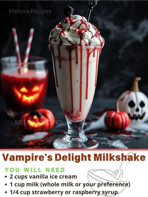 Melissa Recipes | Vampire's Delight Milkshake 🧛‍♂️🩸 | Facebook Delicious Halloween Treats, Raspberry Syrup, Halloween Treat, Whole Milk, Vanilla Ice Cream, Halloween Treats, Syrup, Raspberry, Vanilla