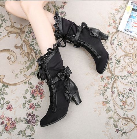 Era Victoria, Dr Shoes, Kawaii Shoes, Sketchbook Inspiration, Lace Ribbon, Black High Heels, Pretty Shoes, Lolita Dress, Gothic Lolita