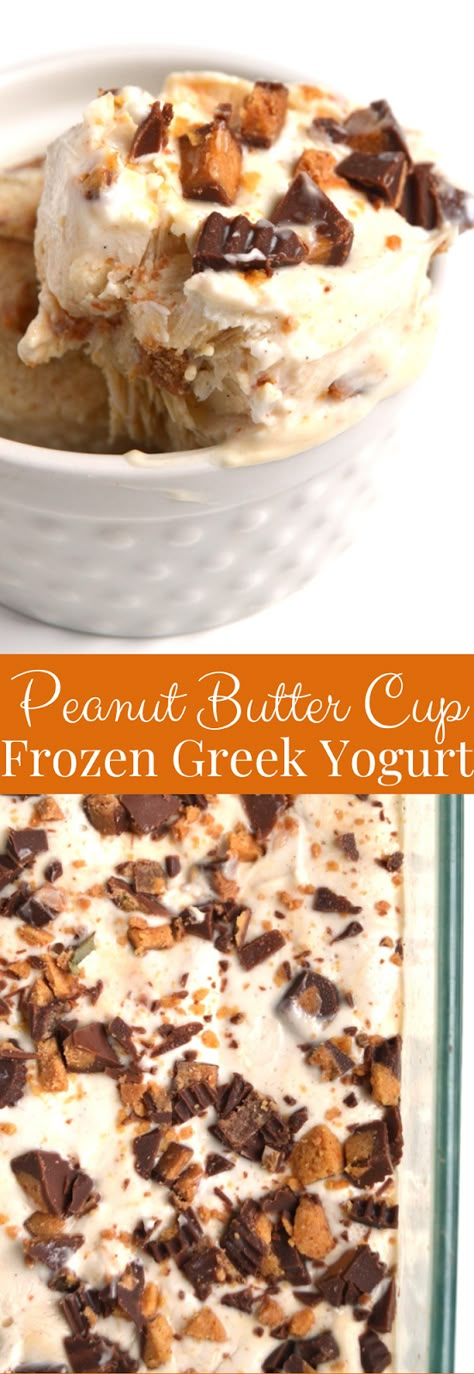 Peanut Butter Cup Frozen Greek Yogurt is a healthier treat with only 3 ingredients, is packed full of protein with Greek yogurt and tastes like an indulgent dessert with chunks of creamy peanut butter cups and the creamiest ice cream base! www.nutritionistreviews.com #peanutbutter #reeses #greekyogurt #yogurt #frozenyogurt #icecream #dessert #healthy #healthydessert #cleaneating Yogurt Greek, Frozen Greek Yogurt, Frozen Yogurt Recipes, Yogurt Dessert, Reeses Cups, Greek Yogurt Recipes, Protein Desserts, Peanut Butter Cup, Cream Base