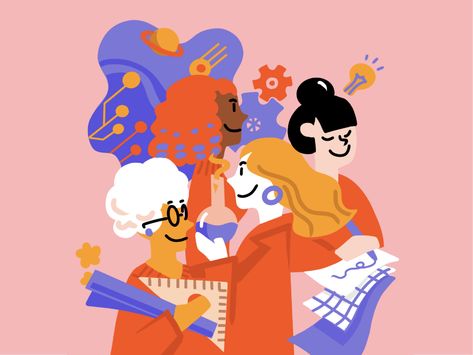 Society of Women Engineers by Mika Jiang on Dribbble Women In Tech Illustration, Tech Illustration, Project Board, Life Stages, Passion Project, Brand Development, Built Environment, Show And Tell, Women Life