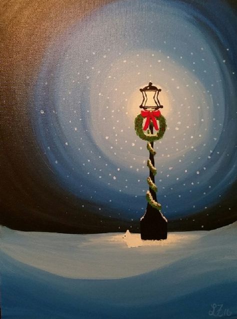 Snowy Lamppost Lampost Drawing, Christmas Imagery, Snow Painting, Simple Paintings, Diy Christmas Paintings, Lantern Christmas, Painting Snow, Snow Scenes, Christmas Paintings