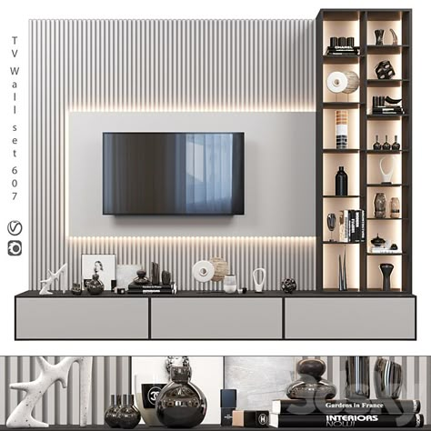 TV Wall | set 607 - TV Wall - 3D model Luxury Interior Design Living Room, Tv Room Decor, Modern Tv Room, Modern Tv Unit Designs, Marble Flooring Design, Tv Unit Furniture Design, Tv Unit Decor, Cozy Interior Design, Living Room Tv Cabinet