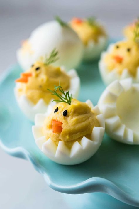 Deviled Egg Chicks Easter, Deviled Egg Designs, Baby Chick Deviled Eggs, Deviled Eggs Tulips, Spring Deviled Eggs, Easter Themed Deviled Eggs, Deviled Eggs Platter, Dinosaur Deviled Eggs, Egg Themed Party