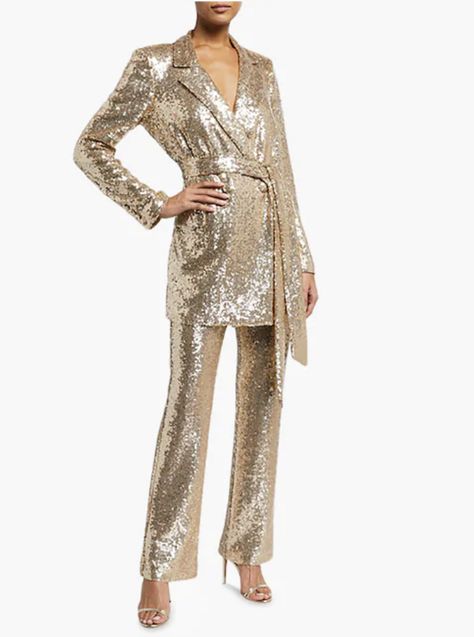 Glamorous Look, Off Shoulder Gown, Sequin Pants, Sequin Wedding, Sequin Blazer, Sequin Jacket, Flowy Pants, Jacket Outfit, Old Hollywood Glamour