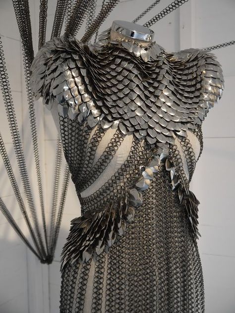 Chainmail Armor for Women | Designed and Created by Swedish beauty Fannie Schiavoni known for her Armored Dress, Samurai Girl, Armor Dress, Scale Mail, Metal Dress, Female Armor, Fringe Fashion, Fantasy Costumes, Fantasy Armor