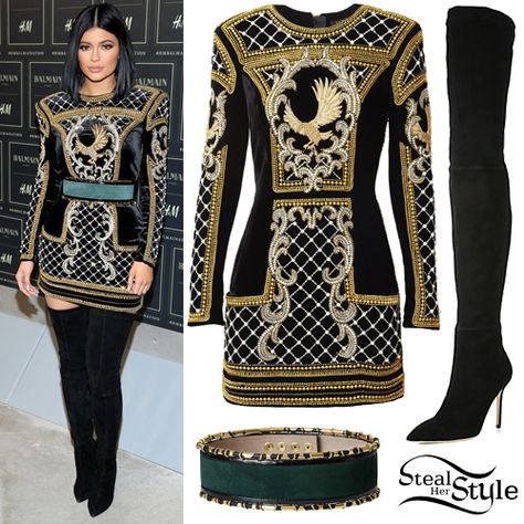 Kylie Jenner at the BALMAIN X H&M Collection Launch at 23 Wall Street in New York. October 20th, 2015 - photo: PacificCoastNews Balmain Couture, H&m Collaboration, Balmain Dress, Fest Outfits, Mini Robes, Hm Dress, Featuring Dress, Embroidered Dress, Kim Kardashian