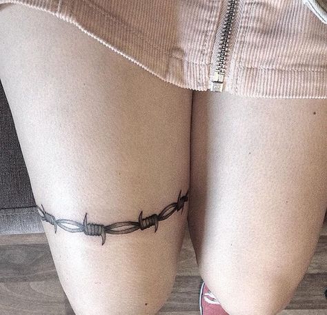 Barbed Wire Garter Tattoo, Barbwire Wrap Around Tattoo, Red Barbed Wire Tattoo, Bob Wire Tattoos For Women, Barbwire Ankle Tattoo, Barbwire Tattoo Thigh, Barbwire Tattoo Womens, Wires Tattoo, Tattoo Ideas Metal