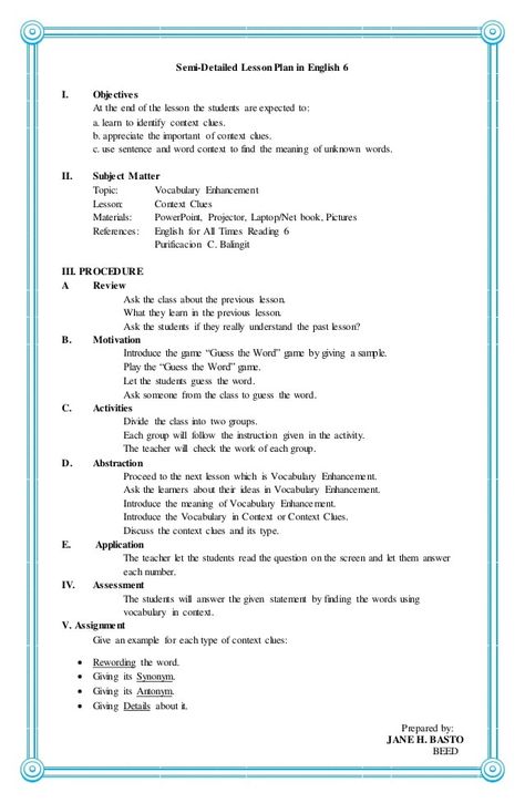 4A's Lesson Plan in English 6 Context Clues Lesson, Teacher Lesson Plans Template, Weekly Lesson Plan Template, Lesson Plan Examples, Lesson Plan Sample, Ela Lesson Plans, Lesson Plan Template Free, Tahoe Nevada, English Lesson Plans