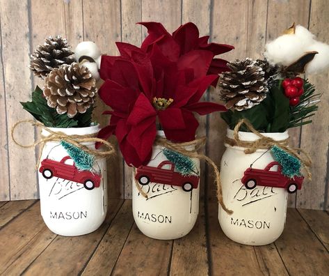 Red Truck Decor, Painted Mason Jars, Farmhouse Christmas, Mason Jar Vases, Red Truck Ornament, Country Decor, Farmhouse Christmas Decor by craftsnmore1999 on Etsy Truck Ornament, Red Truck Decor, Truck Decor, Decoration Theme, Painted Bottles, Mason Jar Vases, Christmas Mason Jars, Mason Jar Crafts Diy, Christmas Jars