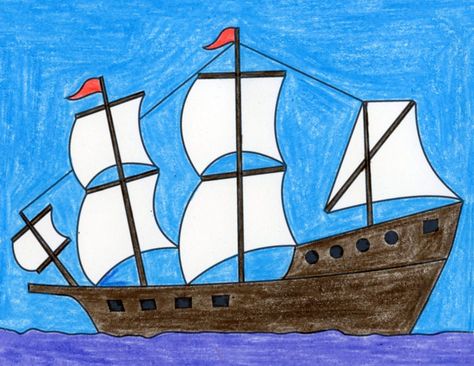 How to Draw a Ship · Art Projects for Kids Pirate Ship Drawing, Boat Drawing, Cartoon Ships, Drawing Lessons For Kids, Fall Art Projects, Water Drawing, Art Lessons For Kids, Ship Drawing, How To Make Drawing