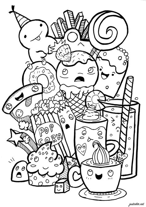 Junk food Doodle - Doodle Art / Doodling Adult Coloring Pages Doodles Kawaii, Doodle Art Letters, A Coloring Page, Arte Doodle, Food Doodles, Food Coloring Pages, Juicy Watermelon, Kids Doodles, Kawaii Cooking