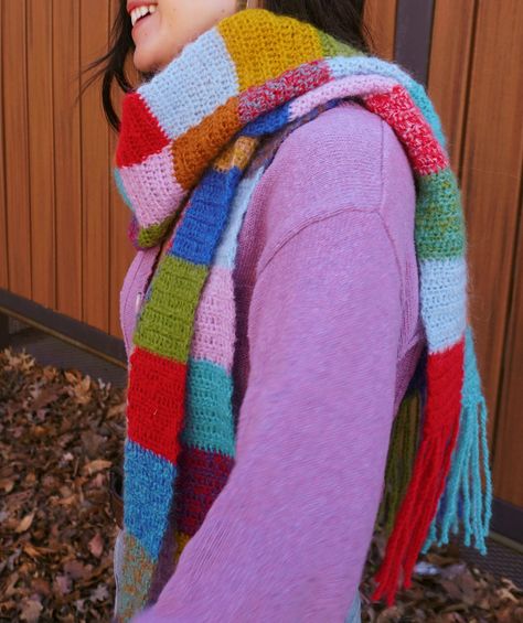 Crochet Check Scarf, Crochet Gingham Scarf, Color Block Scarf Crochet, Color Block Crochet Scarf, Checkered Crochet Scarf, Crochet Checkered Scarf, Scarf Inspiration, Foundation Half Double Crochet, Crochet Accessory