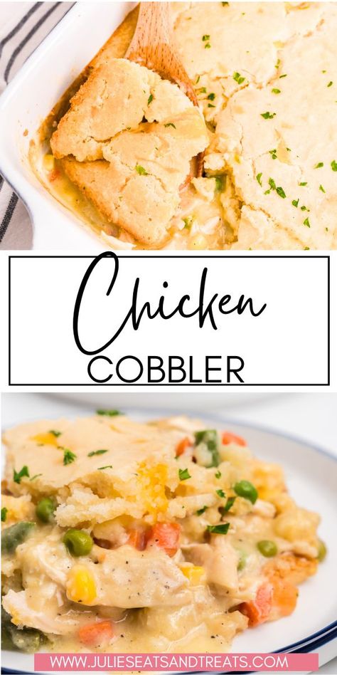 Chicken Cobbler is a comforting, savory dish featuring tender chicken baked under a golden, buttery biscuit topping. With a creamy filling of vegetables and rich seasonings, this hearty casserole is an easy and delicious meal that’s perfect for cozy family dinners. Chicken Cobbler Casserole, Chicken Cobbler Recipe, Chicken Cobbler, Bisquick Chicken, Chicken Cornbread, Pot Pie Recipes, Chicken Casserole Easy, Chicken Pot Pie Casserole, Baked Chicken Tenders