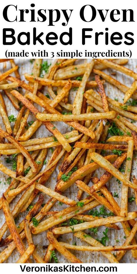 Thin baked fries on parchment paper. Homemade French Fries In Oven, Baked Fries Recipe, French Fry Recipe Baked, Oven French Fries, Baked Bbq Chicken Thighs, Yummy Potatoes, Oven Baked French Fries, Gravy Casserole, Oven Baked Fries