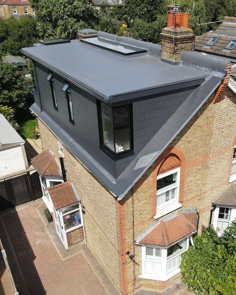 Before & after of this stunning loft conversion in Teddington. Customer was after a modern finish so we went for a smooth artificial slate… | Instagram Dormer Roof Extension, Flat And Slope Mixed Roof Design, Flat Roof Extension With Balcony, Loft Conversion Floor Plan, Rubber Flat Roof, Loft Conversion Roof, Flat Roof Systems, Terrace House Exterior, Dormer Loft Conversion