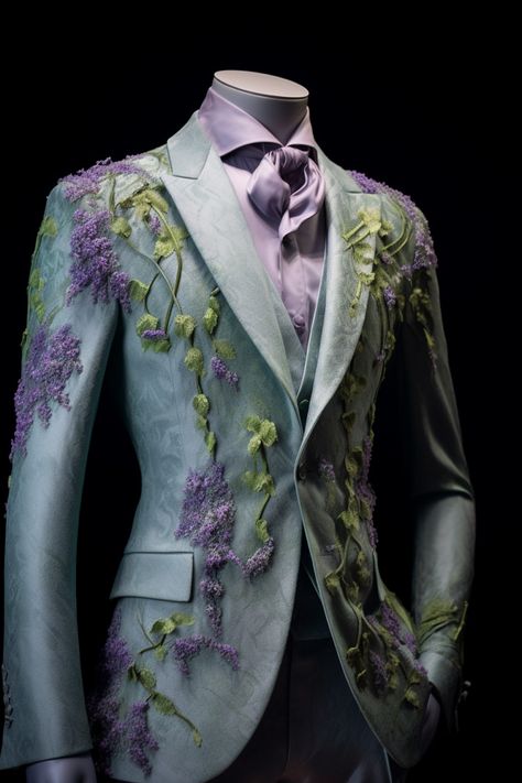 Wisteria inspired suit Enchanted Forest Suit For Men, Floral Tuxedo Men, Enchanted Forest Suit, Enchanted Forest Prom Suit, Enchanted Forest Outfit Men, Purple And Green Suit, Fairytale Outfits Men, Ramp Walk Dresses, Real Person Reference