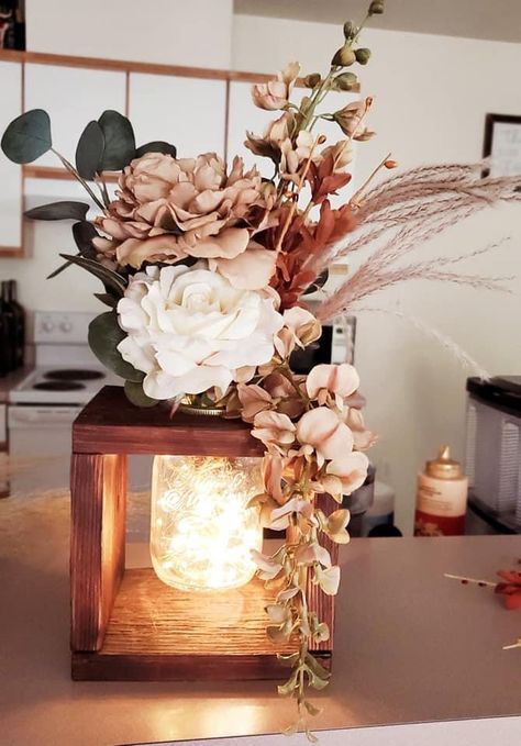 Floating Mason Jar Centerpieces, Rustic Centerpieces For Party, Hexagon Centerpiece, Winter Wonderland Wedding Ideas, Zen Area, Boho Centerpiece, Smokey Mountain, Wood Centerpieces, Lantern Centerpieces