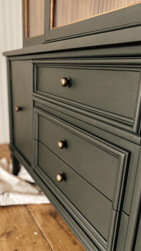 Olive Green Dresser Bedroom, Green Painted Dresser, Olive Green Furniture, Best Olive Green Furniture Paint, Olive Dresser Makeover, Olive Dresser, Green Dresser Makeover, Green Restored Dresser, Olive Green Small Dresser