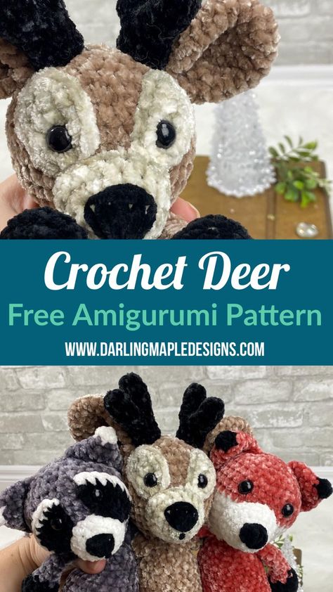 Flip Flop Deer Crochet Pattern - Darling Maple Designs Easy Amigurumi Animals, Crochet Badger Pattern, Woodland Crochet Patterns Free, Crochet Buffalo Amigurumi, Stuffy Crochet Pattern, Free Crochet Deer Pattern, Free Deer Crochet Pattern, Forest Crochet Pattern, Blanket Yarn Crochet Patterns Amigurumi