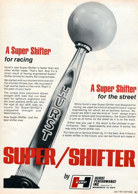 1971 Hurst Super Shifter Advertising Hot Rod Magazine July 1971 | by SenseiAlan Retro Advertisements, Hurst Shifter, Automobile Advertising, Ford Mustang Fastback, Vintage Muscle Cars, Vintage Muscle, Buy Car, Car For Sale, Car Advertising