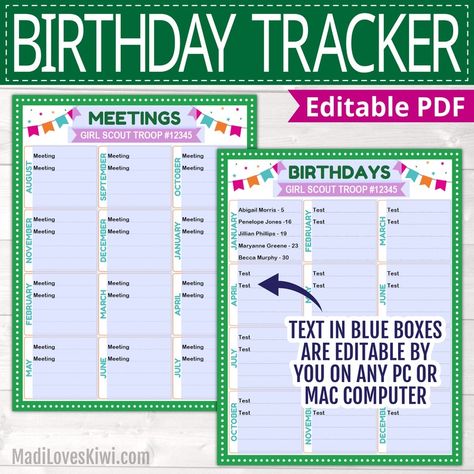 Girl Scout Leader Binder, Abc Cookies, Girl Scout Troop Leader, Birthday Tracker, Troop Leader, Girl Scout Leader, Girl Scout Troop, Girl Scout Cookies, Birthday List