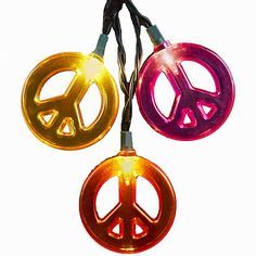 The Kurt Adler 10-light peace sign light set is a fun, festive way to add to your holiday, party or home decor! Each light in this 10-light set comes in a simple peace sign design in an array of psychedelic colors.30" green wire12" spacing10 clear bulbsincludes 4 spare bulbs and 1 spare fuse12V 0.08A bulbsindoor/outdoor useplastic/wire/bulbsimported Peace Sign Crafts, Peace Sign Wall Art, Peace Sign Design, Fused Plastic, Peace Love Happiness, Novelty Lights, Indoor String Lights, Peace Signs, Novelty Lighting