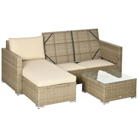 PRICES MAY VARY. Three-Piece Sofa Set: Experience the epitome of outdoor relaxation with our rattan patio furniture collection. Our L-shaped sectional set includes a chaise lounge chair, a cozy loveseat with secret storage, and a stylish outdoor coffee table. Unwind and savor the comforts of indoor relaxation in an outdoor setting. Outdoor Coffee Table: Our sectional patio furniture set offers a versatile sofa table designed to provide an outdoor surface for drinks, snacks, magazines, your phone Patio Wicker Furniture, Deck Furniture Layout, Sofa Table Design, Small Patio Furniture, Outdoor Sectional Furniture, Sectional Patio Furniture, Conversation Sofa, Rattan Patio Furniture, Patio Couch