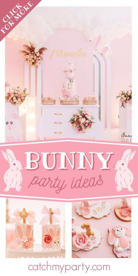 Feast your eyes on this impressive bunny 1st birthday party! The cookies are so cute! See more party ideas and share yours at CatchMyParty.com Bunny 1st Birthday Party, Bunny Themed Party, Bunny 1st Birthday, Some Bunny Is One, 1st Birthday Party For Girls, Boys 1st Birthday Party Ideas, Winter Parties, Birthday Party Activities, Fairy Decor