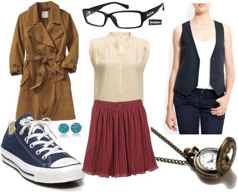 Look inspired by Doctor 10. No to the skirt and blouse, YES to the coat, shoes, glasses, and vest! Doctor Who Outfits, Doctor Who Cosplay, Geek Chic Fashion, Geeky Fashion, Doctor Outfit, Fandom Fashion, Tenth Doctor, Fandom Outfits, Geek Fashion