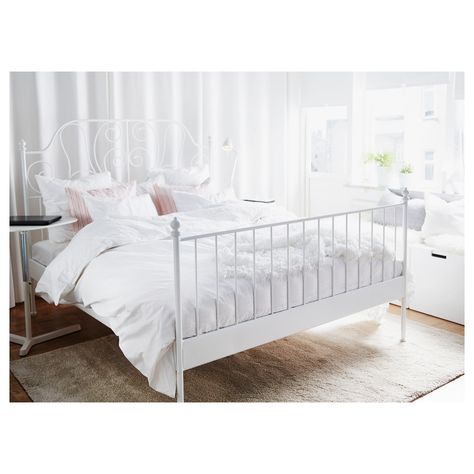 LEIRVIK Bed frame, white, Luröy, Queen - IKEA Ikea Leirvik, Leirvik Bed, Ikea Bed Frames, White Metal Bed Frame, White Metal Bed, Cama Ikea, Bed Base Frame, Head Boards, White Bed Frame