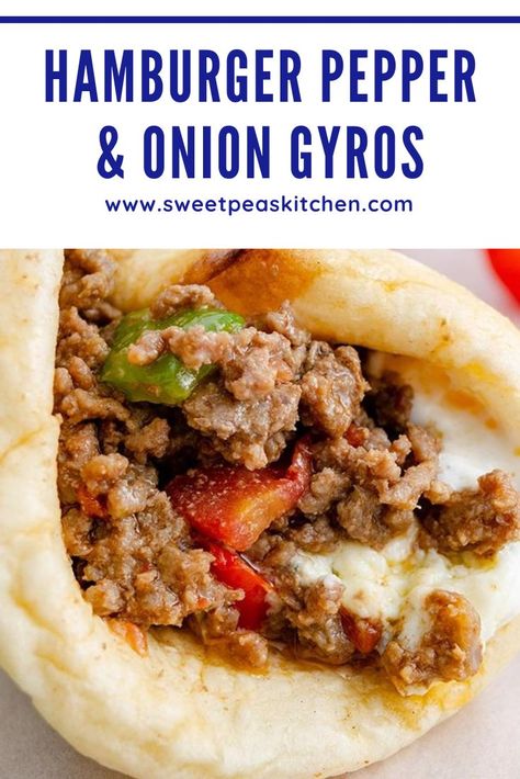 Hamburger Pepper & Onion Gyros close up. Ground Beef Gyros Recipe, Beef Gyros Recipe, Beef Gyros, Gyros Recipe, Beef Gyro, Grilled Peppers And Onions, Easy Casserole Dishes, Gyro Recipe, Pita Sandwiches