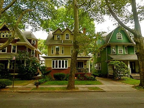 Houses and a tree in Ditmas Park. Wondering if Ditmas Park is right for you? Find out at http://relocality.com, the neighborhood matching engine. 1950s Neighborhood Aesthetic, Neighborhood With Trees, New York Suburbs Houses, Cute Neighborhood Houses, 1950s Neighborhood, Victorian Neighborhood, New York Houses, Downtown House, American Neighborhood