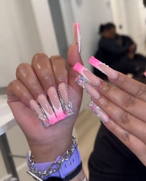 Long Square Acrylic Nails Pink Birthday, Long Pink Glitter Acrylic Nails, Birthday Nails Long Bling Pink, Long Pink Acrylic Nails With Charms, Pink And Purple Long Acrylic Nails, Light Nails, Hard Nails, Long Acrylic Nail Designs, Glow Nails