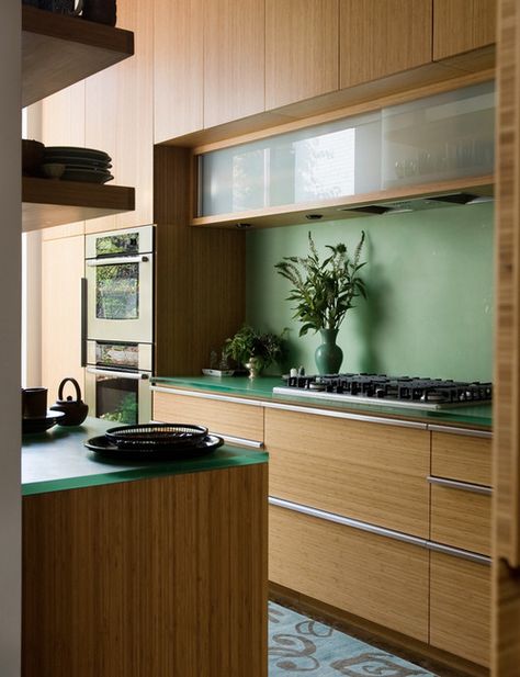 kitchen with bamboo cabinets and resin countertops ||  3-form.com counters, henrybuilt cabinets/pulls Modern Kitchen Cabinet Design Glass Doors, Kitchen Glass Cabinets, Bamboo Kitchen Cabinets, Modern Cabinet Doors, Affordable Kitchen Cabinets, Glass Kitchen Cabinet Doors, Glass Kitchen Cabinets, Cabinet Glass Doors, Bamboo Cabinets