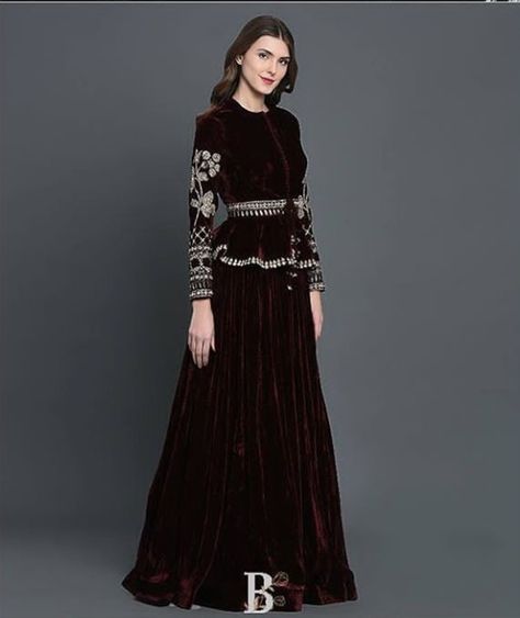 Beautiful Velvet Long Dress. Embellished with hand embroidery work.  #gown #Embroidery #traditional #festival #bhumikasharma Velvet Dress Designs Fashion Indian, Velvet Ethnic Wear, Velvet Traditional Outfit, Velvet Indowestern Women, Latest Velvet Dresses Pakistani, Belvet Dress, Velvet Long Dress Gowns, Velvet Indian Outfits, Velvet Gown Indian