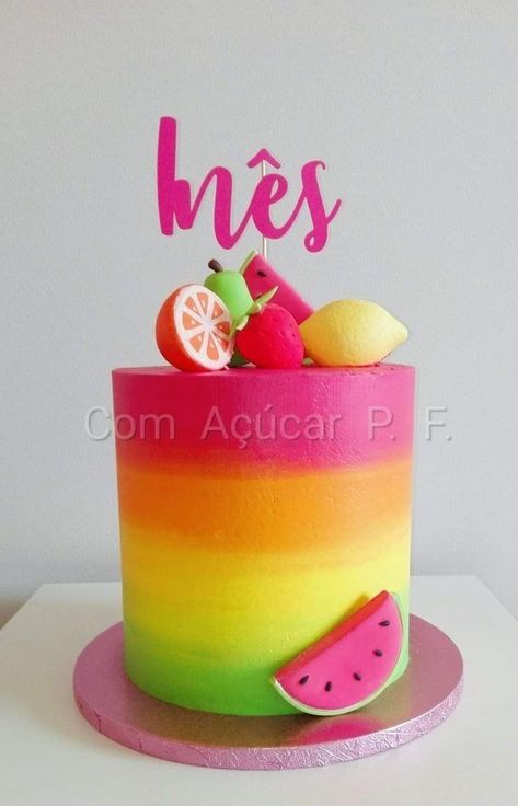 Two Tti Fruity Birthday Cake Ideas, Tutti Fruitti Birthday Cake, Summer Fruit Cake Decoration, Fruit Themed Cake 2nd Birthday, Twotti Frutti Cake, Tropical Ombre Cake, Fruits Theme Cake, Birthday Cake Fruit Theme, Tootie Fruity Birthday Cake