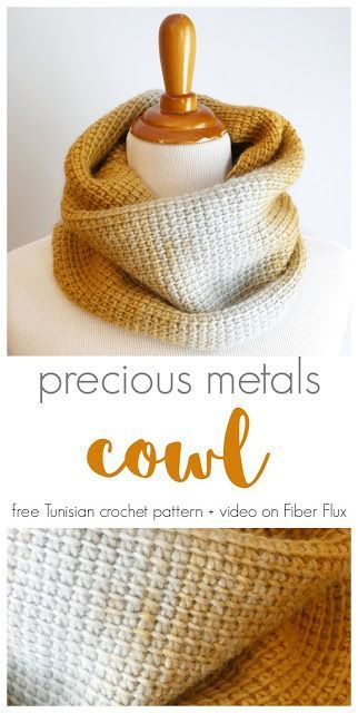 Precious Metals Cowl, Free Tunisian Crochet Pattern + Video from Fiber Flux Tunisian Crochet Cowl, Tunisian Patterns, Christmas Scarves, Bandana Cowl, Crochet Shaw, Crocheted Accessories, Crochet Cowl Free Pattern, Crochet Garments, Crocheted Stuff