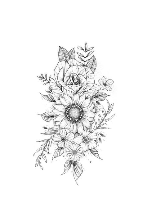 Leg Tattoos Women Sunflower, Flower Sleeve Tattoo Sunflowers, Sunflower Rose Tattoo Shoulder, Sunflower And Rose Tattoo Black And White, Shoulder Tattoo Roses For Women, Sunflower Roses Tattoo, Sunflower Tattoo With Roses, Flower Tattoo Designs Daisy, Sunflower Tricep Tattoo