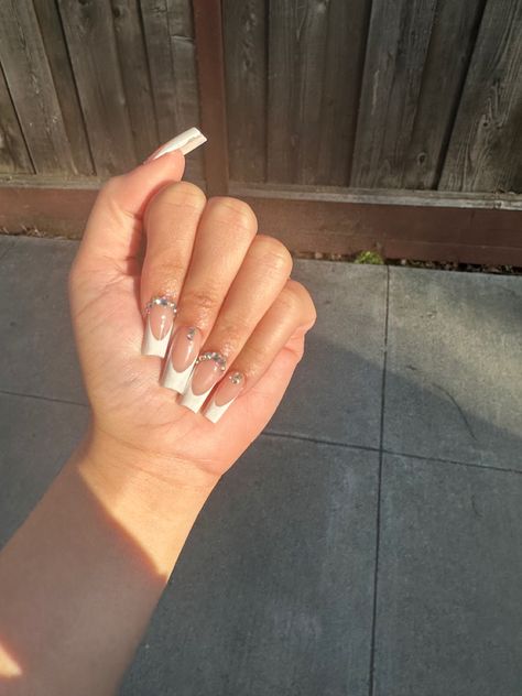 French Tip Acrylic Nails Square With Gems, White Tapered Square Nails With Gems, Long White French Tip Nails, White French Tip With Gems, Boujee Acrylic Nails, Long Nails Classy, Long White French Tip, French Tip With Gems, French Tip Nails With Gems