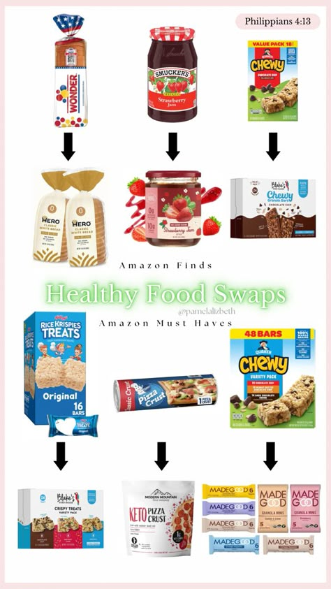 healthy food swaps | amazon finds | amazon must haves | healthy | healthy living | healthy era | health | clean eating | healthy snacks | simple healthy eating swaps | healthy eating habits | keto friendly | healthy clean eating | pamela lizbeth Clean Eating Brands, Healthy Snacks To Replace Junk Food, Healthier Food Swaps, Healthy Replacements For Junk Food, Healthy Snack Swaps, Food Swaps Healthy, Healthy Alternatives To Junk Food, Low Calorie Lunch, Dye Free Foods