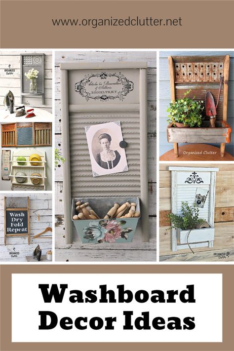 Washboards are fun decor pieces! See 6 washboard upcycled/repurposed projects with paint and stencils. #washboard #laundryroom #upcycle #repurpose #stencil #decortransfer Washboard Decor Ideas Farmhouse, Glass Washboard Decor Ideas, Laundry Room Washboard Decor, Vintage Washboard Ideas, Old Washboard Ideas, Washboard Decor Ideas Laundry Signs, Wash Boards Decor Ideas, Old Wash Boards Decor Ideas, Antique Washboard Decor Ideas