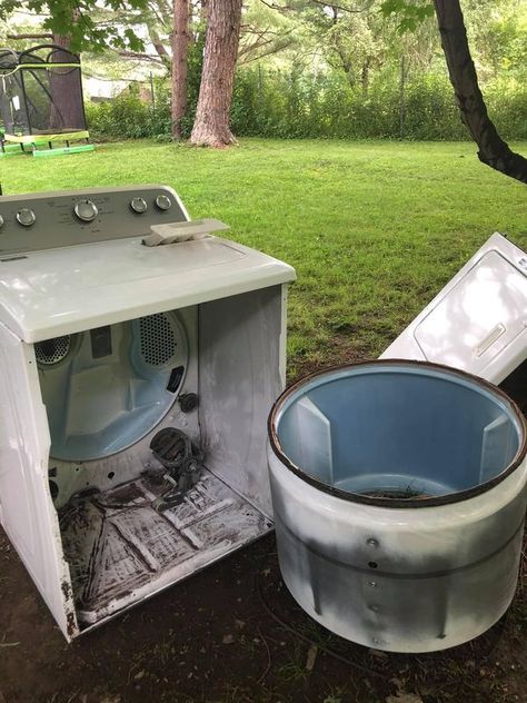 Recycle, Reuse and Repurpose! | I think I saw a post earlier about using an old washer tub for a fire pit | Facebook Old Dryer Repurpose, Old Wash Tub Ideas, Well Pressure Tank, Burn Barrel, Barrel Ideas, Laundry Tubs, Tub Ideas, Wash Tubs, Firepit