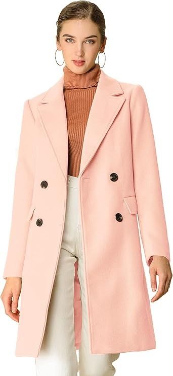 Amazon.com: Allegra K Women's Notch Lapel Double Breasted Belted Mid Long Outwear Winter Coat Large Light Pink : Clothing, Shoes & Jewelry Elegant Coats, Winter Outwear, Outwear Women, Office Business, Work Office, Body Size, Tie Belt, Classic Looks, Winter Coat