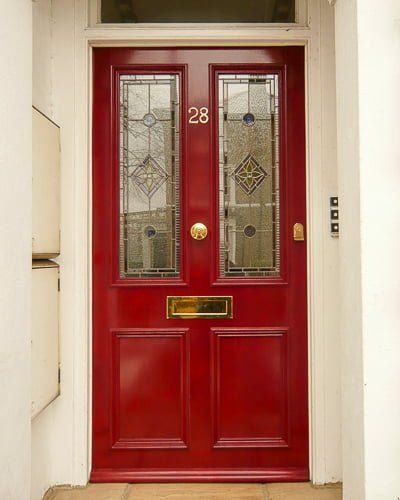 Classic red Victorian door fitted with stained glass in London. Product design and service based upon over 40 years experience 0208 368 1664 Victorian Front Door, Purple Front Doors, Victorian Doors, Victorian Front Doors, Yellow Front Doors, Coloured Lenses, Front Door Styles, Red Front Door, Front Door Paint Colors