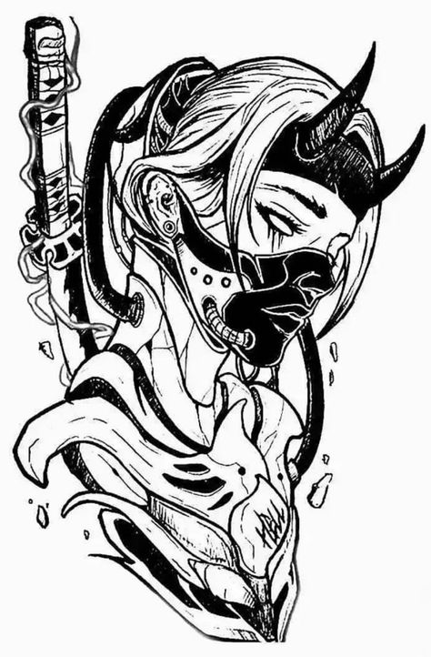 Tattoos Arms, Ninja Tattoo, Oni Girl, Japanese Demon Tattoo, Tattoos For 2, Oni Mask Tattoo, Devil Woman, Oni Tattoo, Cyberpunk Tattoo